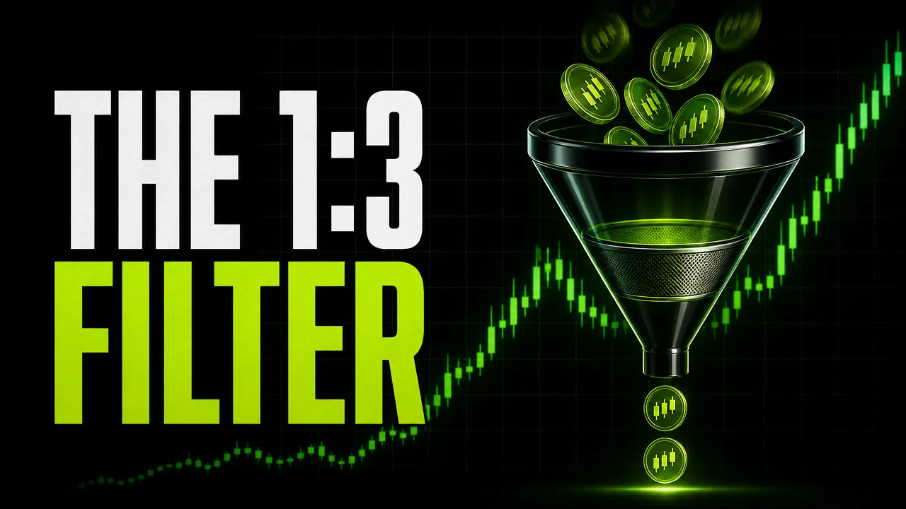 Headline "The 1:3 filter" beside a funnel that lets only a few setups through