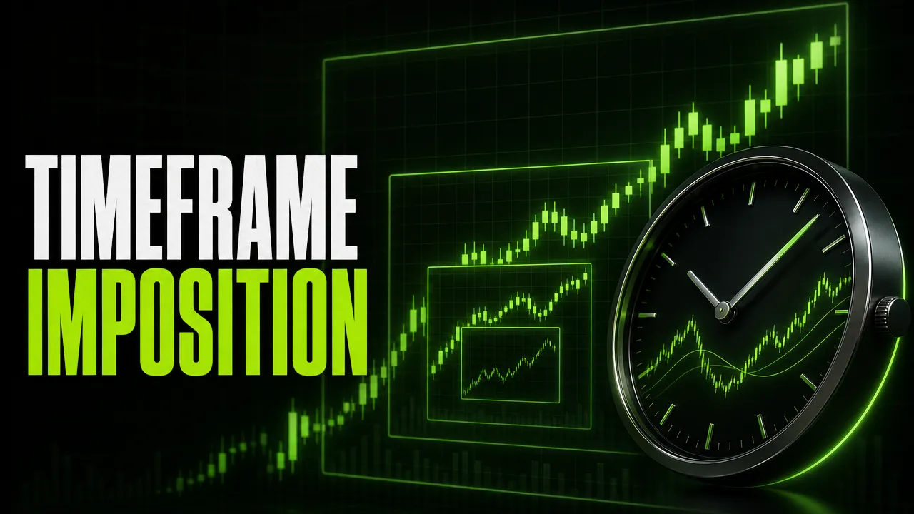 Headline "Timeframe imposition" beside a clock and nested chart frames